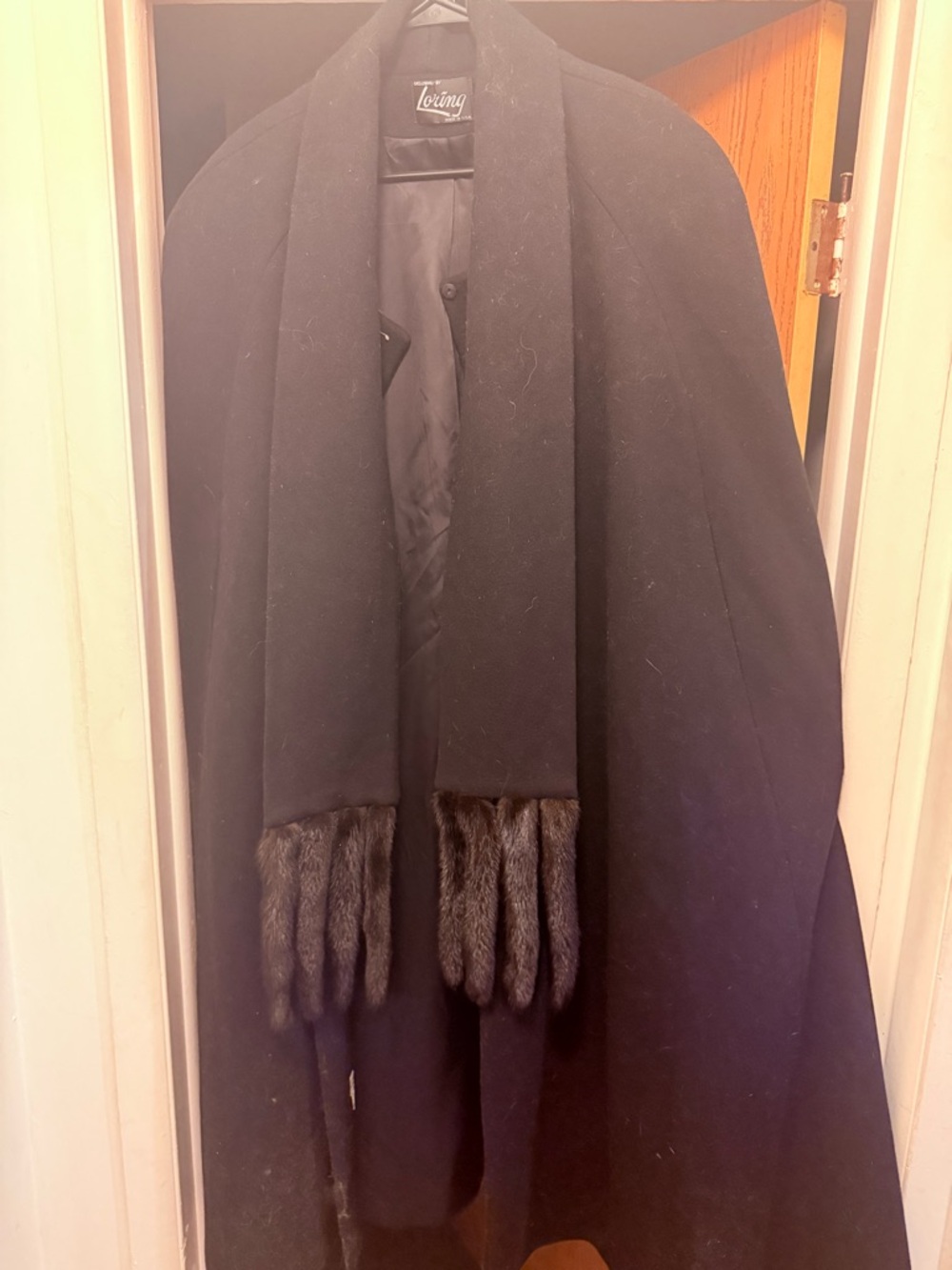 Vintage Loring Black Wool Coat w/ Fur Cuffs | Made in USA | Long Elegant Coat